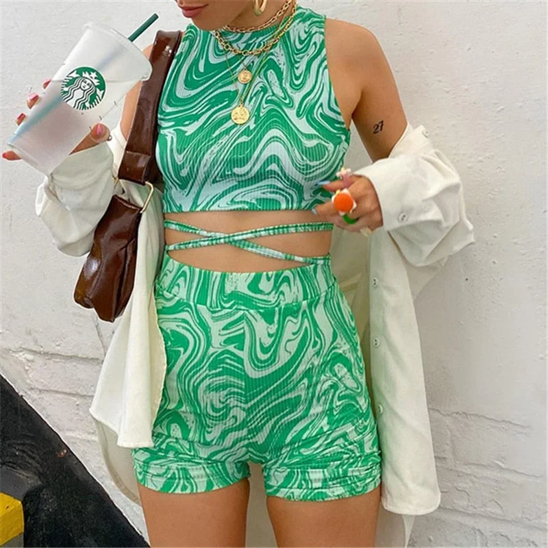 Y2K Autumn Green Tie Dye Tracksuit Women Shorts Set 2021 Sleeveless Crop Tops And High Waist Shorts Casual Urban Two Piece Set