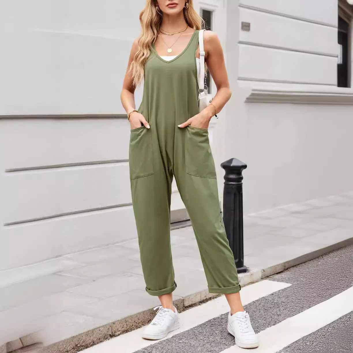 Women's Summer Casual Pocket Knitted One-piece Trousers Jumpsuits