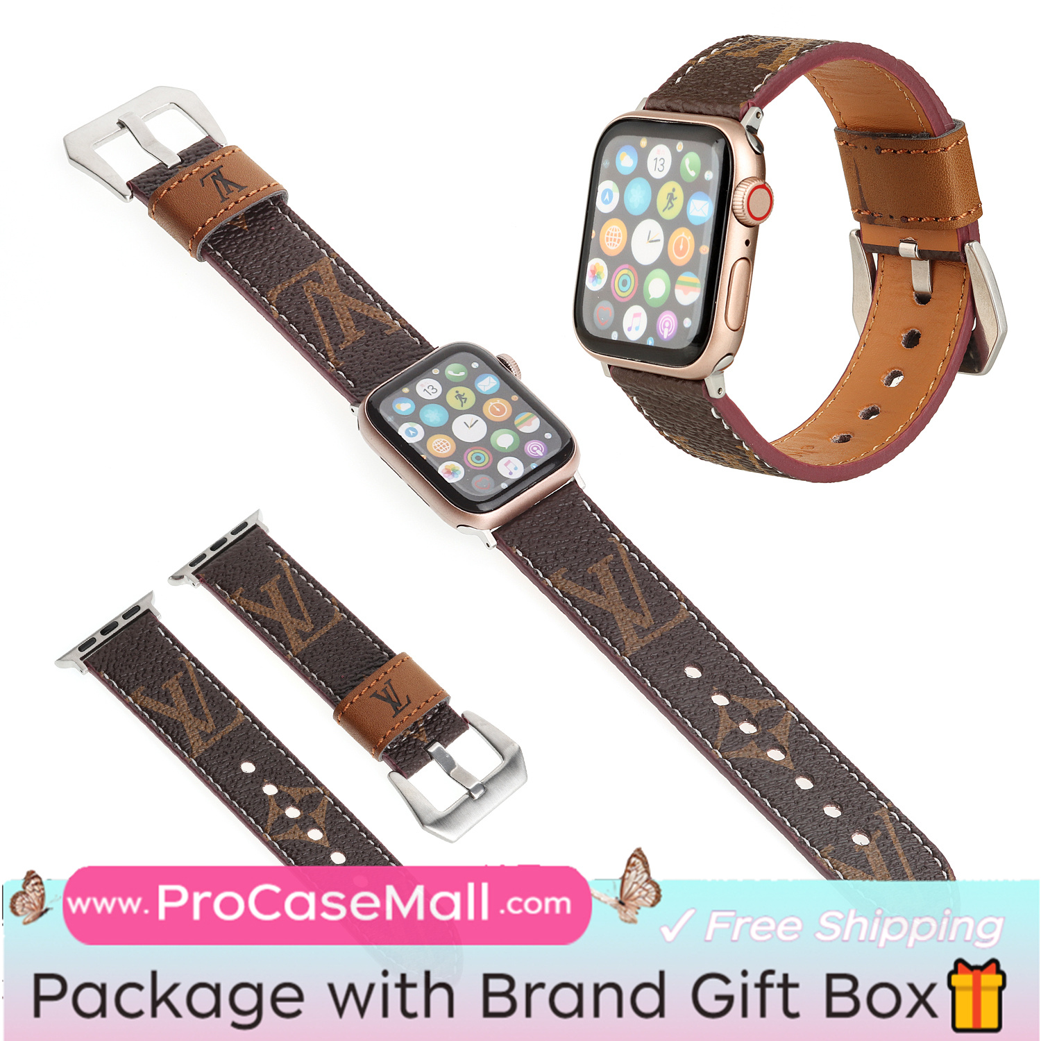 LV Genuine Leather Monogram Canvas Apple Watch Strap Checkerboard Canvas