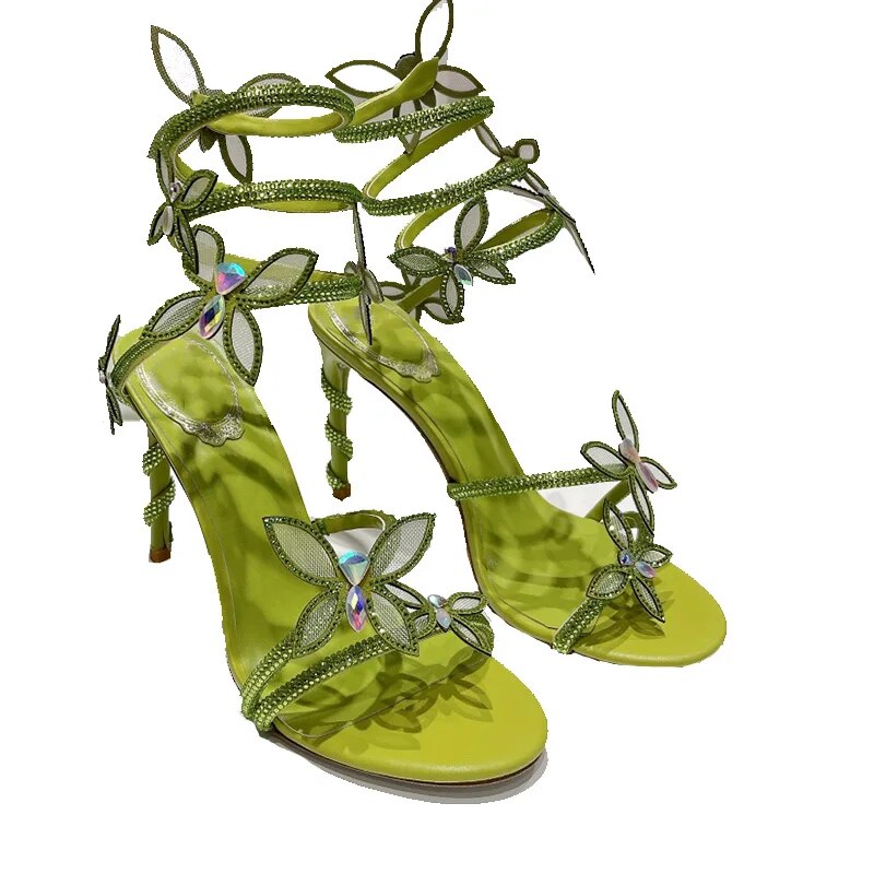 VCSHOES Butterfly Serpentine Embellished Crystal High-Heeled Sandals Round Toe Stiletto Heels Party Evening Woman Sandals