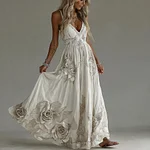 Women's Vintage Flowers Embroidery Art V-neck Suspender Maxi Dress - Image 2