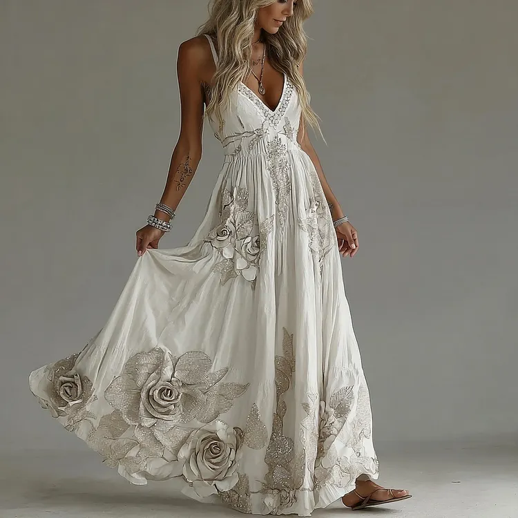 Women's Vintage Flowers Embroidery Art V-neck Suspender Maxi Dress