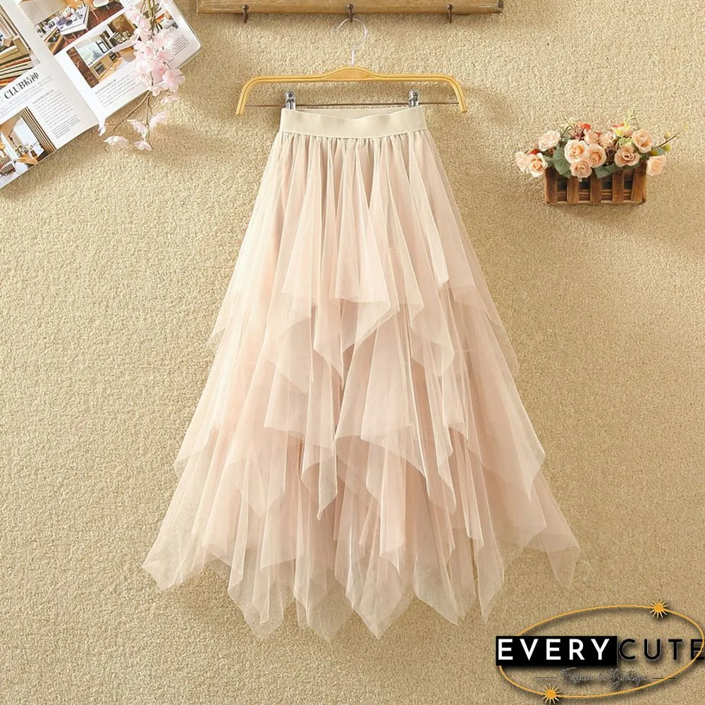 Women Irregular Tulle Skirts Fashion Elastic High Waist Mesh Tutu Skirt Pleated Long Skirts Midi Skirt Saias Faldas Jupe Femmle