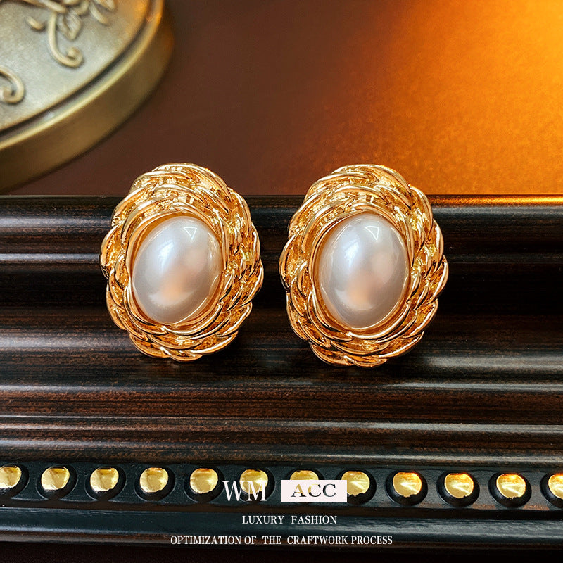 Mid-century Modern Ellipse Geometric Artificial Pearl Electroplating Earrings