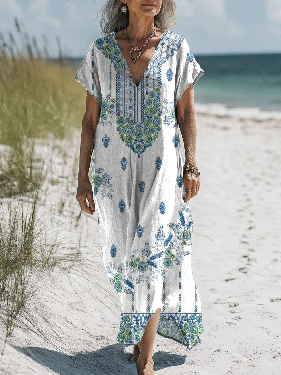 Women's  Floral  Art Print Pocket Cotton Dress