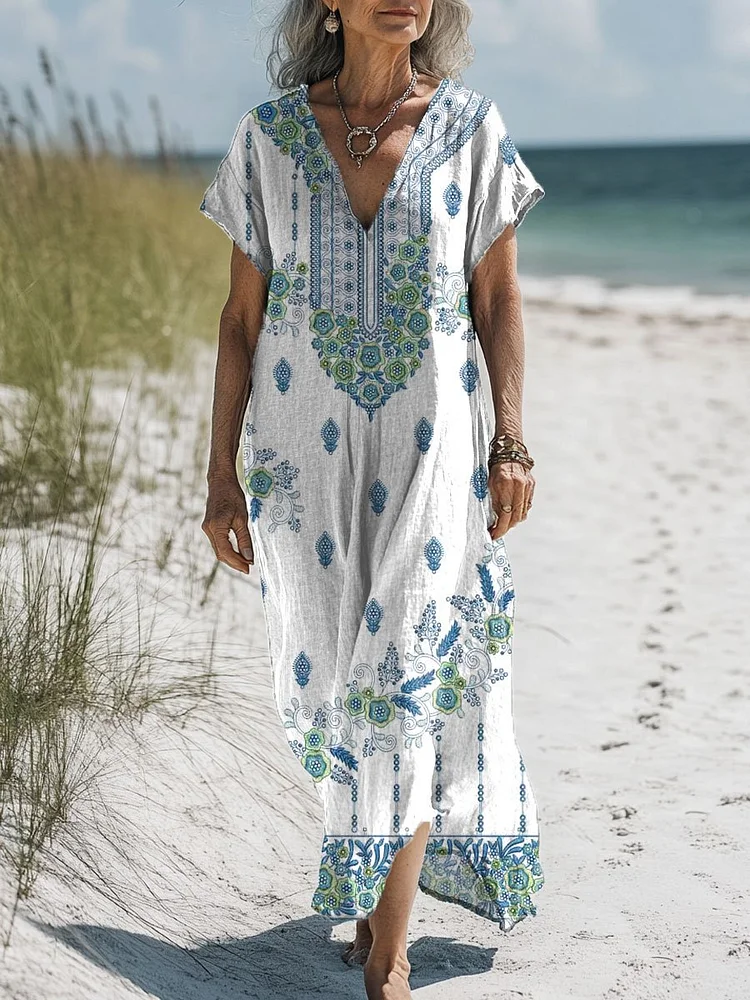 Women's  Floral  Art Print Pocket Cotton Dress