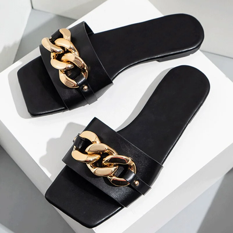 2021 Women Slippers Fashion Chain Decoratie Vierkante Open Toe Teen Platte Outdoor Personality Street Punk Woman Shoes