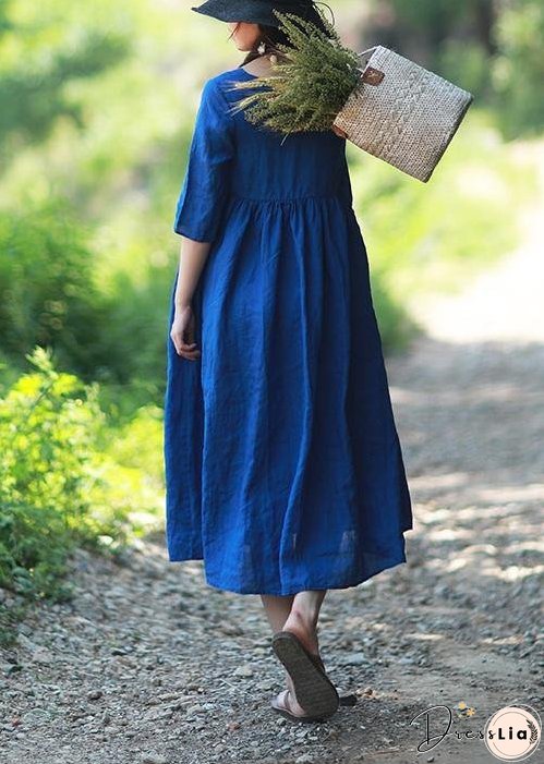 Simple O Neck Patchwork Summer Tunic Blue Vestidos De Lino Dress
