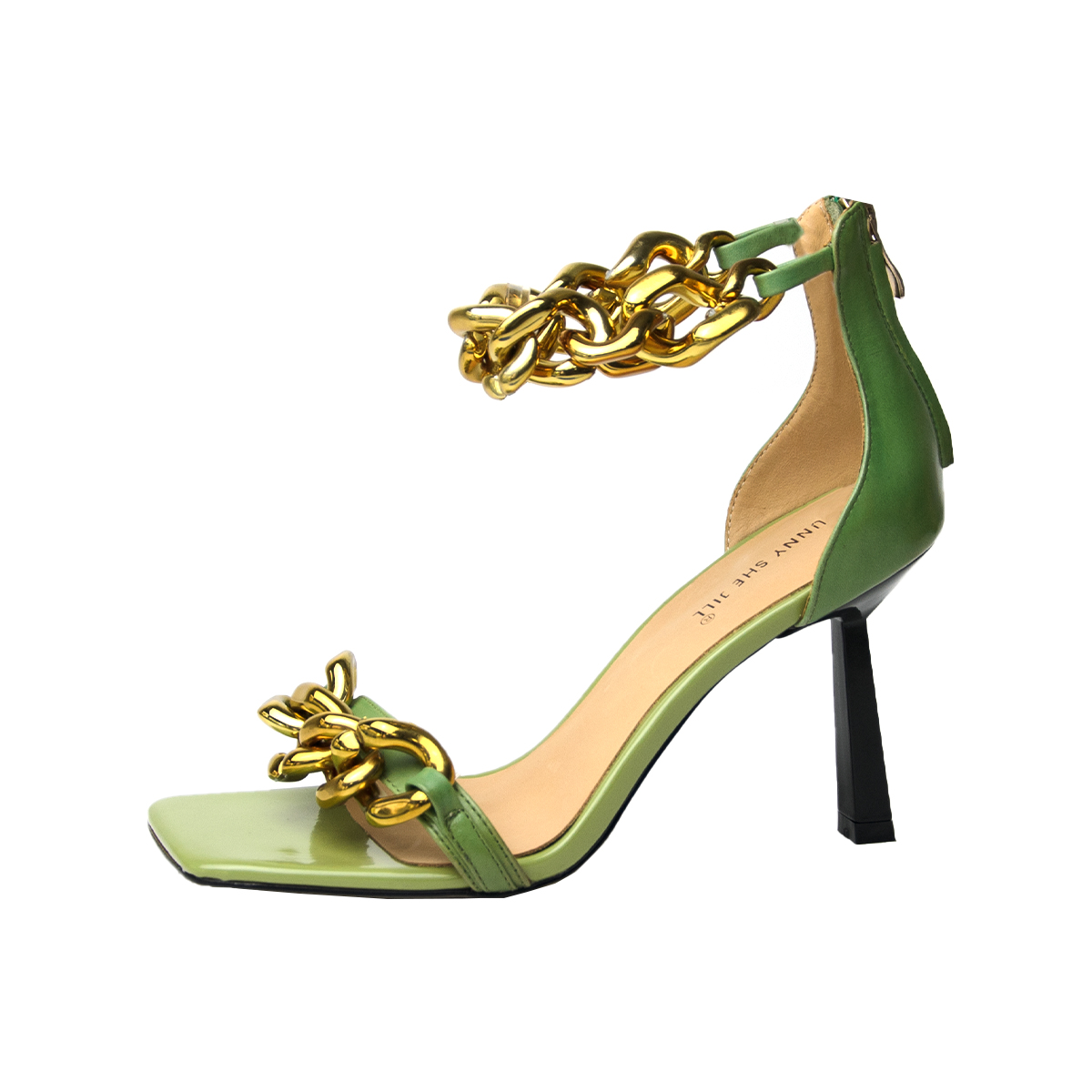 Green & Gold Metallic Chain Square Toe Stiletto Heel Summer Sandals Nicepairs