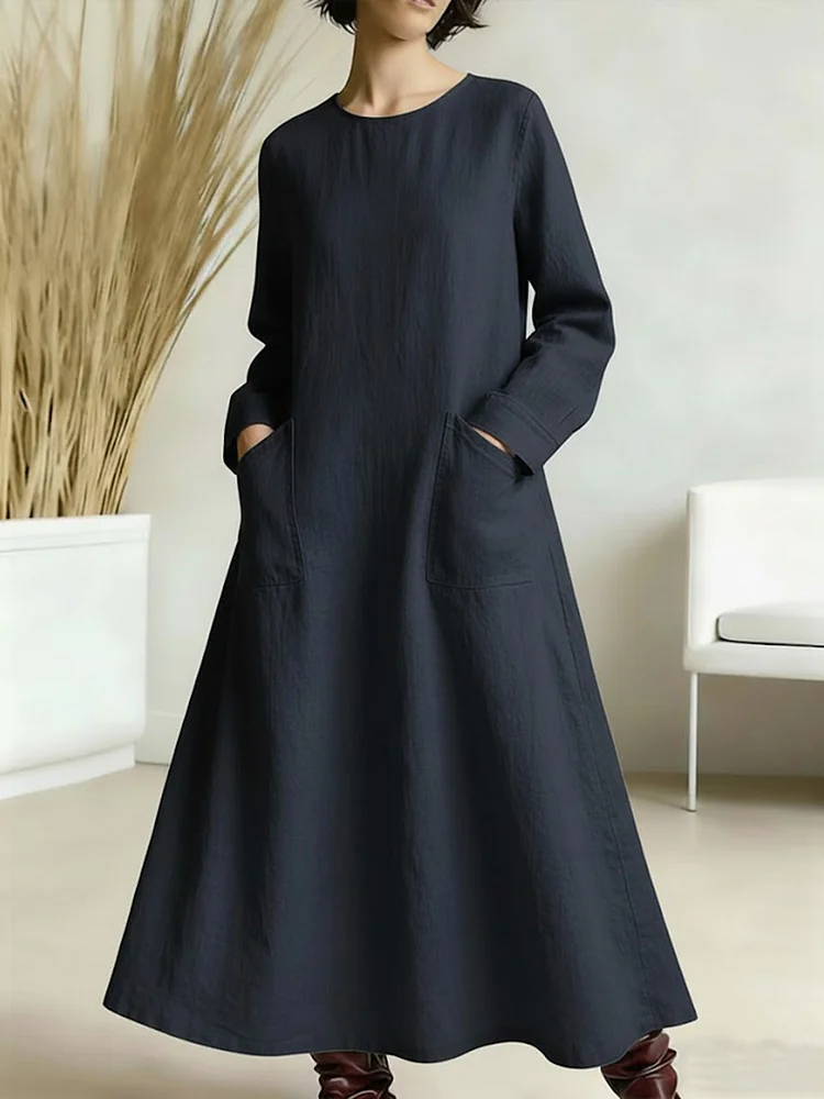 Women's Solid Color Round Neck Long-sleeved Casual Loose A-line Cotton And Linen Dress socialshop