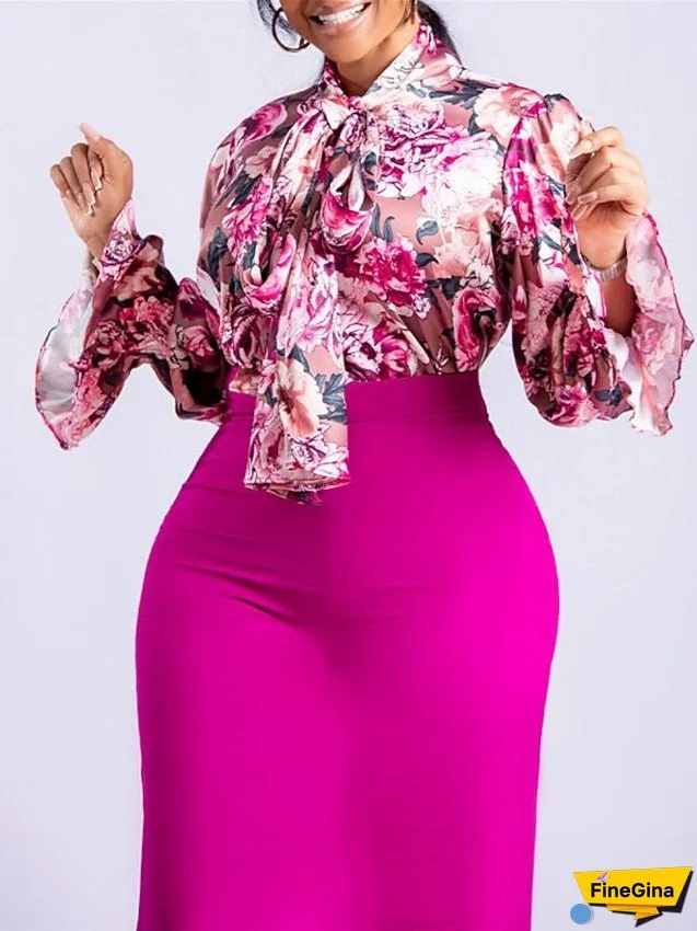 Work Dress Two Piece Dress Sheath Dress Long Dress Maxi Dress Pink Blue Fuchsia Long Sleeve Floral Lace up Winter Fall Spring Stand Collar Fashion S M L XL 2XL 3XL for Women