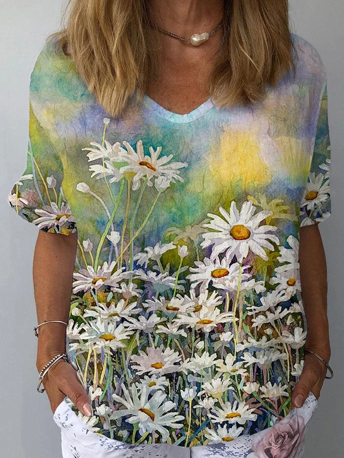 🔥Buy 3 Get 10% Off🔥Casual Daisy Floral Oil Painting Print T-Shirt