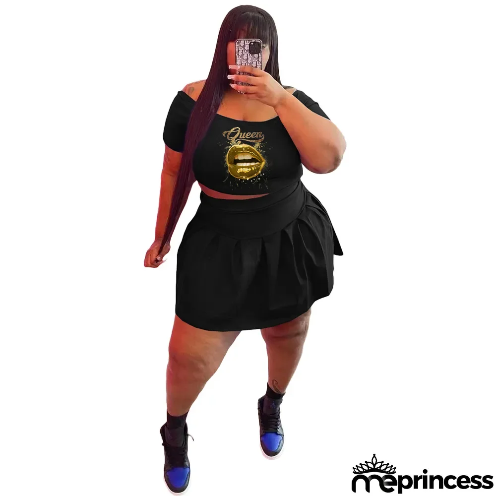 Fashion Plus Size Athleisure Pleated Skirt Two Piece Set