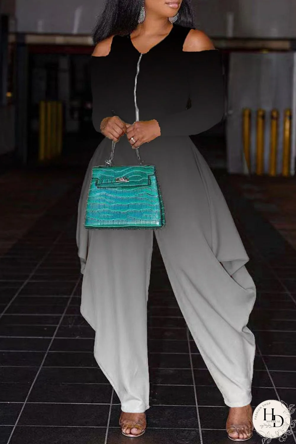 Blue Fashion Casual Gradual Change Print Hollowed Out V Neck Regular Jumpsuits