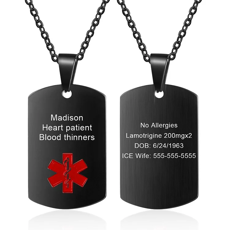 Personalized ID Necklace for Men Kids Engraved 2 Sides Life Saving Emergency ID Necklace