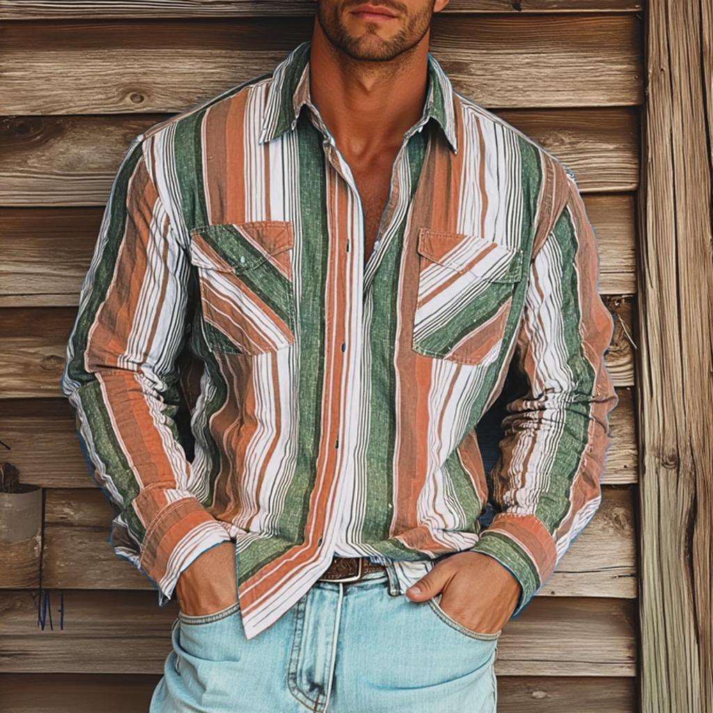 Men's Retro Colorblock Casual Striped Print Loose Long Sleeve Shirt