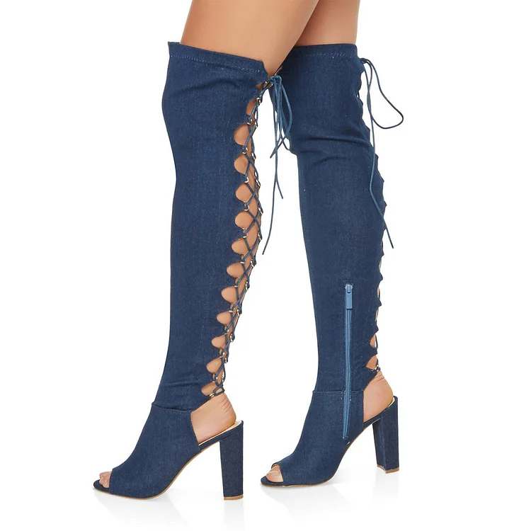 Blue Denim Chunky Heel Lace-up Over-the-knee Boots Vdcoo