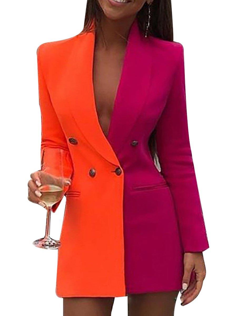 Women's Suit Dress Colorblock Plaid Patchwork Deep V-Neck Blazer Dress