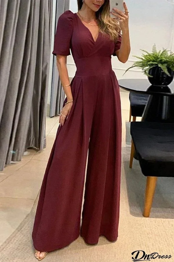 Eileen Puff Shoulder Pocket Wide Leg Formal Jumpsuit