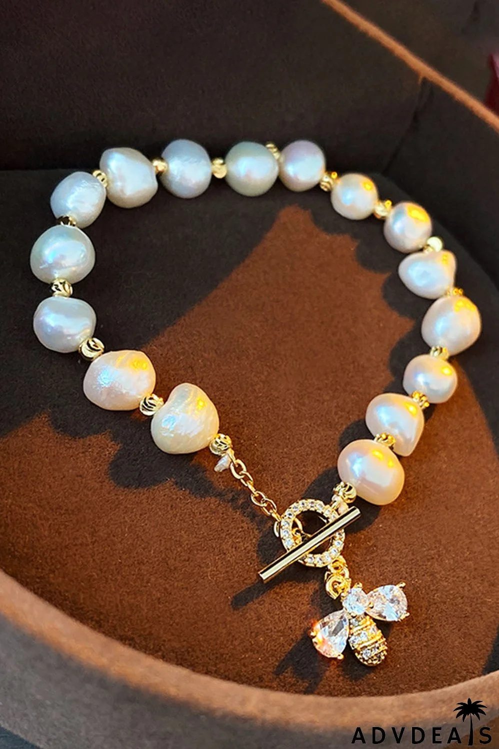 White Vintage Bee Rhinestone Baroque Pearl Bracelet