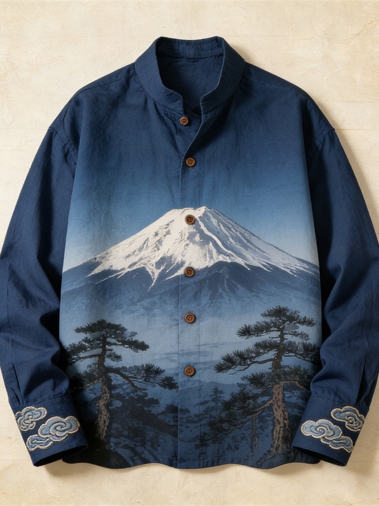 Japanese Mt. Fuji Mountain View Art Men's Linen Long Sleeve Shirt  artssus