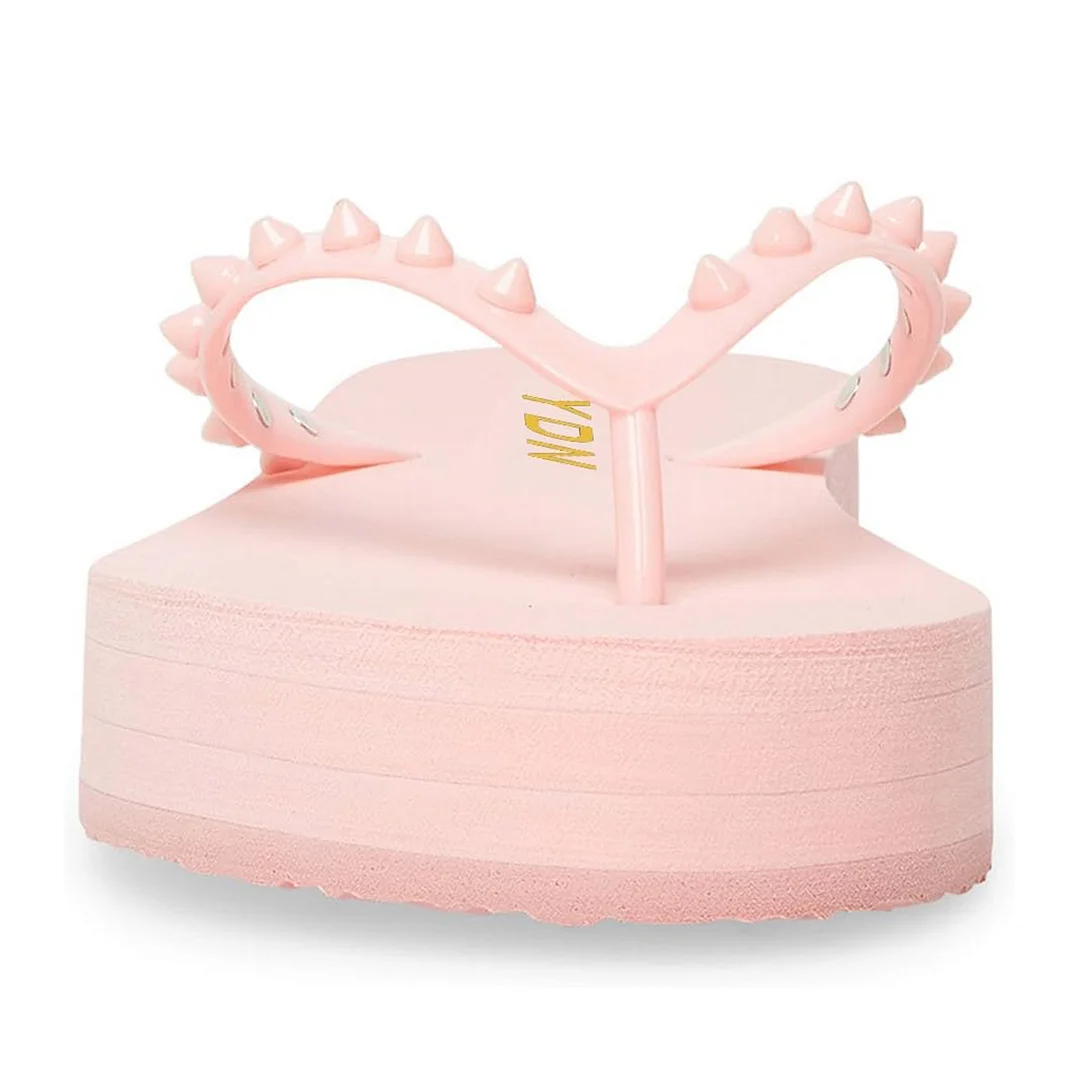 Light Pink Vegan Leather Rivet Strap Platform Heel Slippers for Girls
