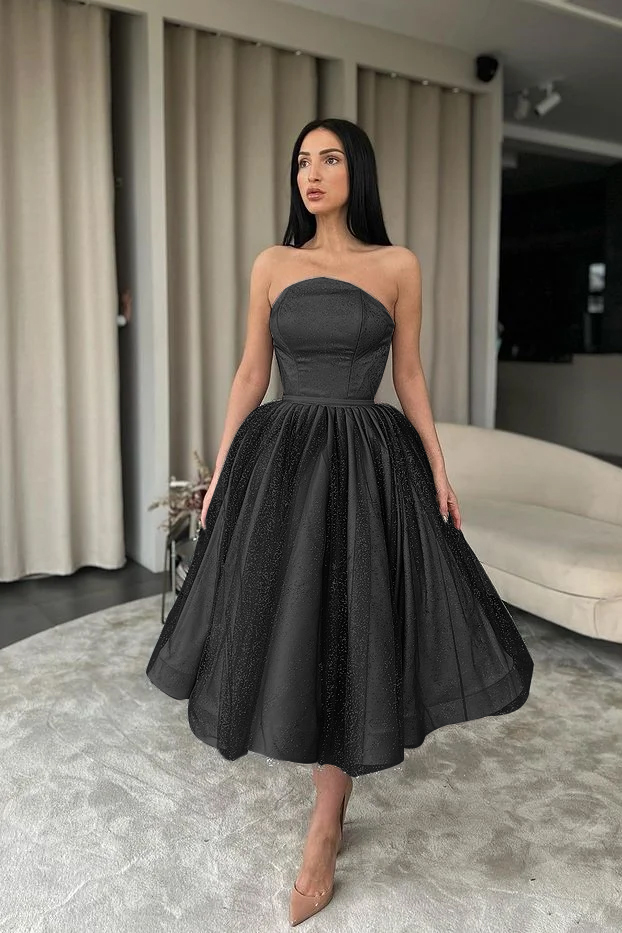 Lvs&Broner Black Tulle Strapless Sleeveless Tea Length A Line Prom Dress