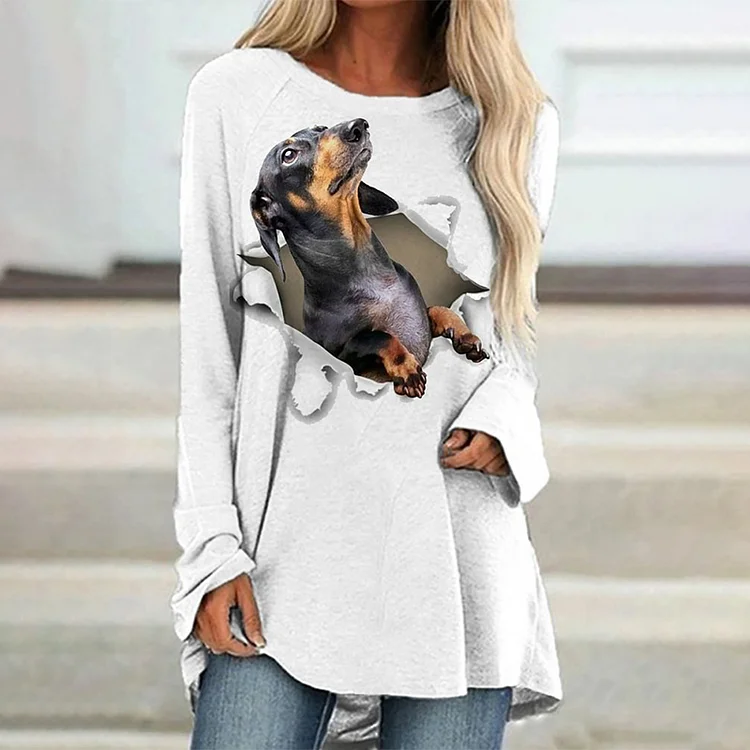 Wearshes Women's Dachshund Dog Ripped Paper Print Long Sleeve Tunic