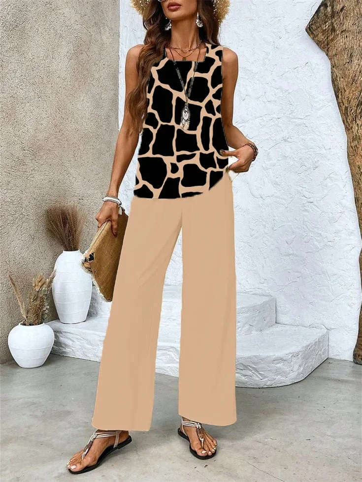 Women's Sleeveless Square Collar Graphic Printed Casual Set