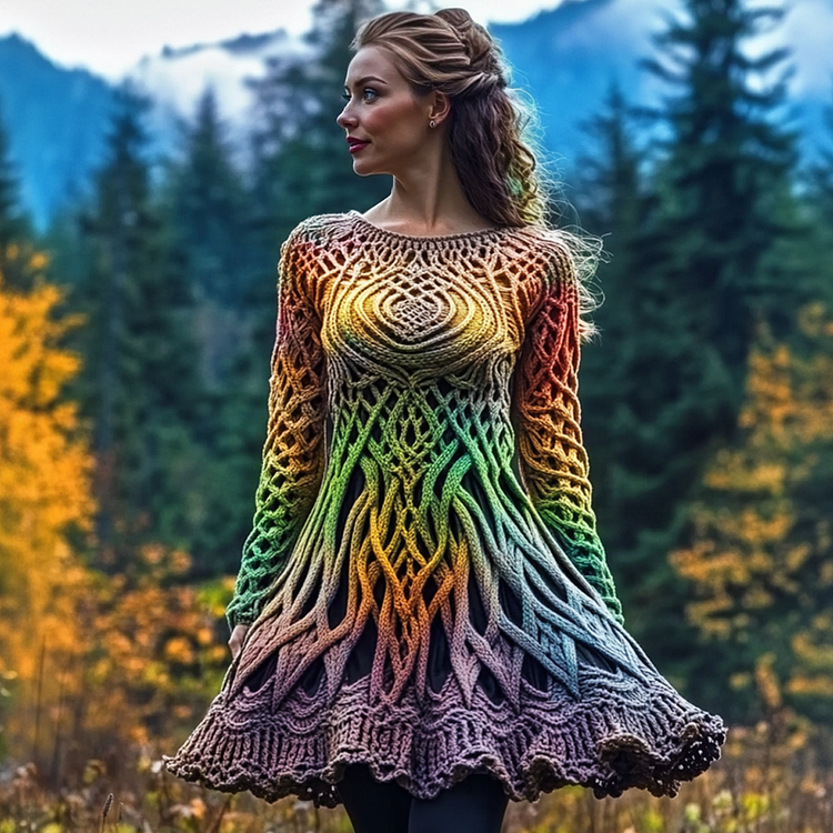 VChics Women's Irish Celtic Knot Color Gradient Jacquard Knitted Sweater Dress