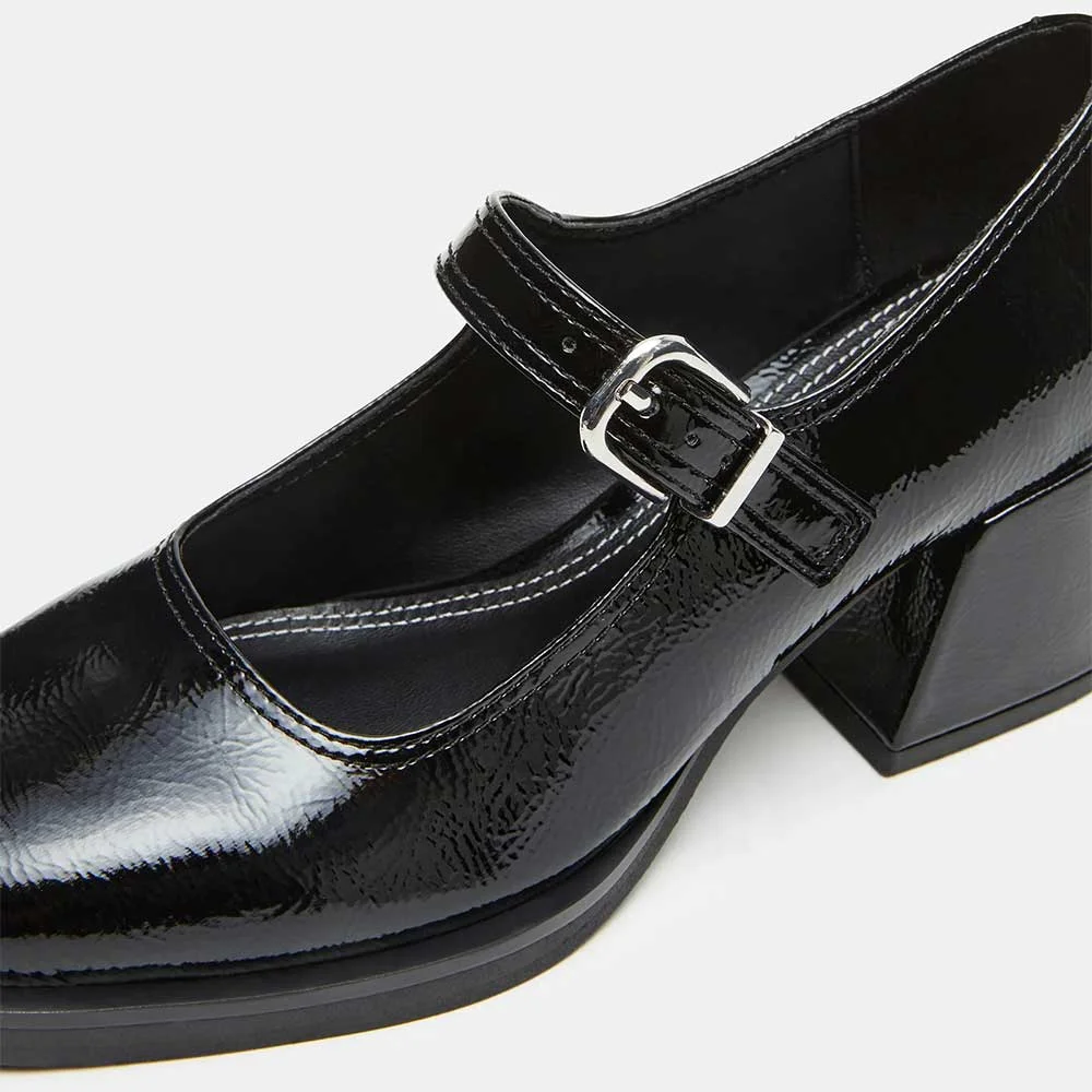 Black Square Toe Block Heel Platform Mary Jane Shoes for Women