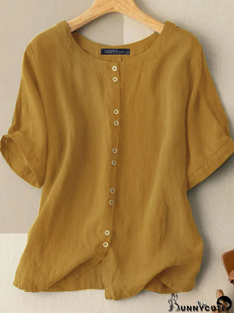 Solid Button Half Sleeve Round Neck Casual Cotton Blouse