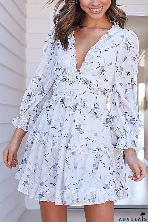 Print V Neck Backless Mini Dress