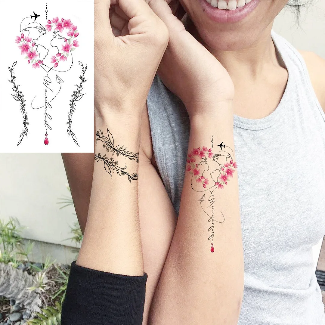 Watercolor Universe Henna Temporary Tattoos For Women Adult Lotus Rose Flower Bird Fake Tattoo Body Art Painting Tatoos Decal