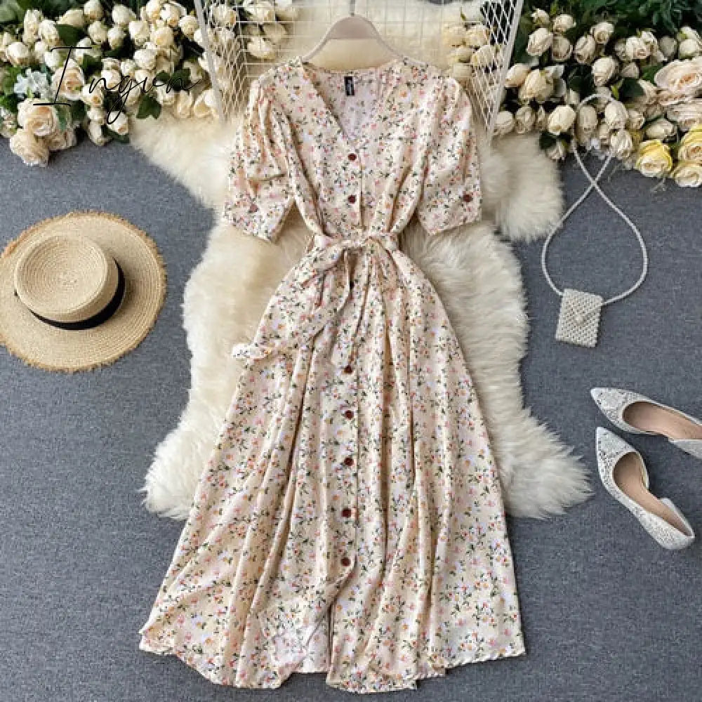Ingvn - Beach Red Elegant Sexy Dress Women Summer Autumn V - Neck Polka Dot Midi Dress Waist Split