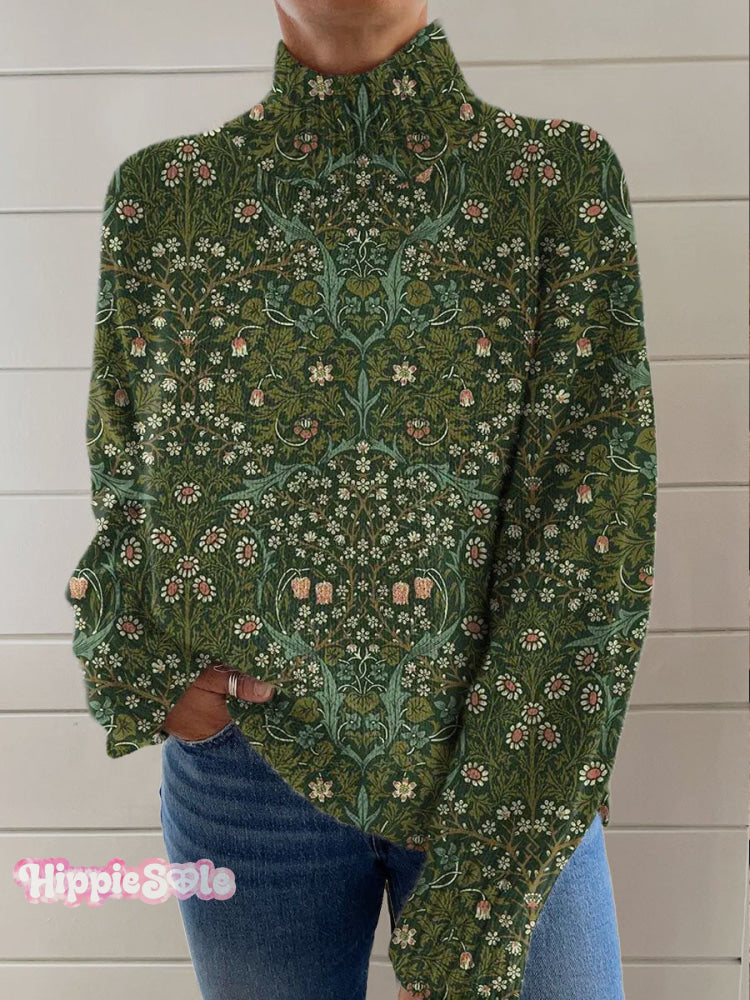 Women’s Vintage Lovely Floral Art Print Knit Turtleneck Pullover Sweater Green / S