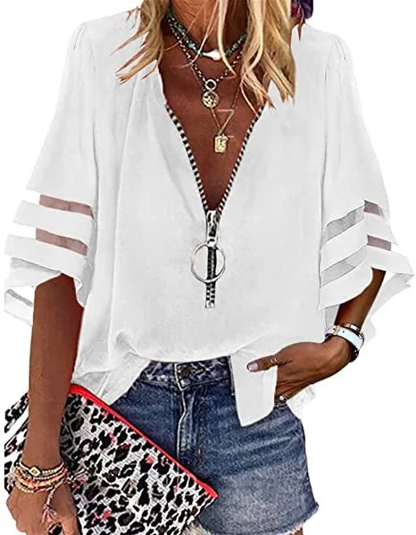 Zingj Zipper Half Bell Sleeve Mesh Solid Color Stitching Loose Casual Women's Shirt