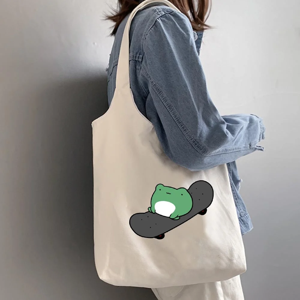 Cute  Frog Graphic Print Canvas Bag Female Shoulder Bag Vintage Fashion Eco Tote Shopping Bags for Women Harajuku Bags