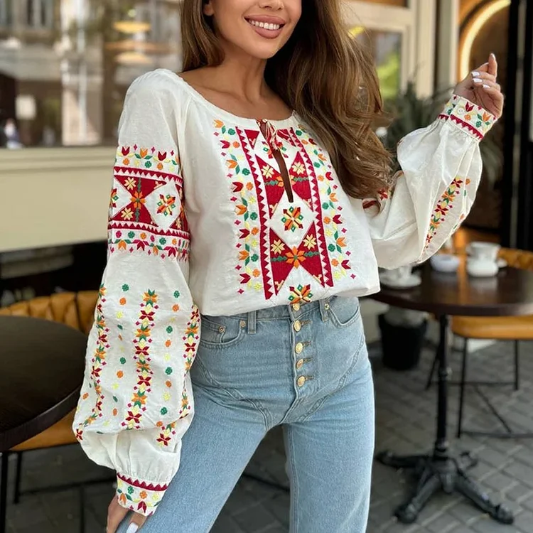 Lunivibe Red And White Ukrainian Vyshyvanka Embroidered Women's Linen Blouse