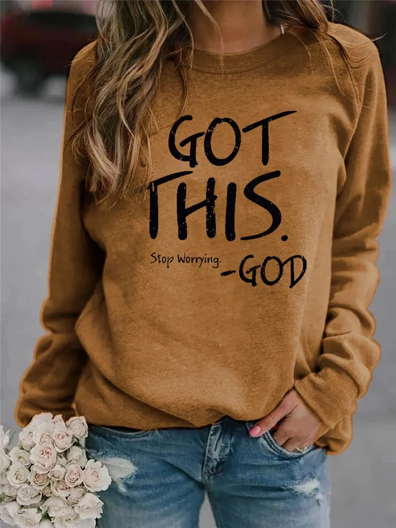 Brownm Print Round Pullover Neck Loose Long Sleeves Sweater
