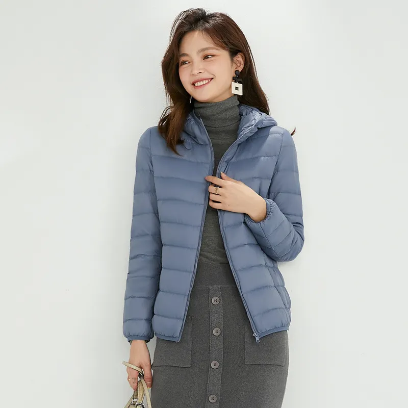 Uveng 2024 New Down Jacket Female Light Short Hooded Korean Version Large Size Slim Warm White Duck Down Pure Color Coat Tide