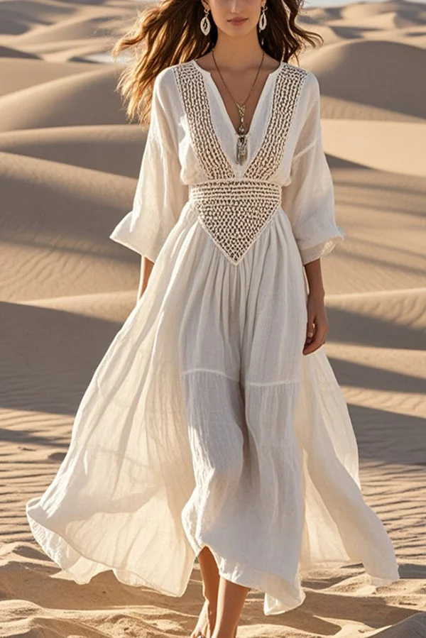 Fashion Hollow V-neck Full Hem Holiday Style Midi Dress