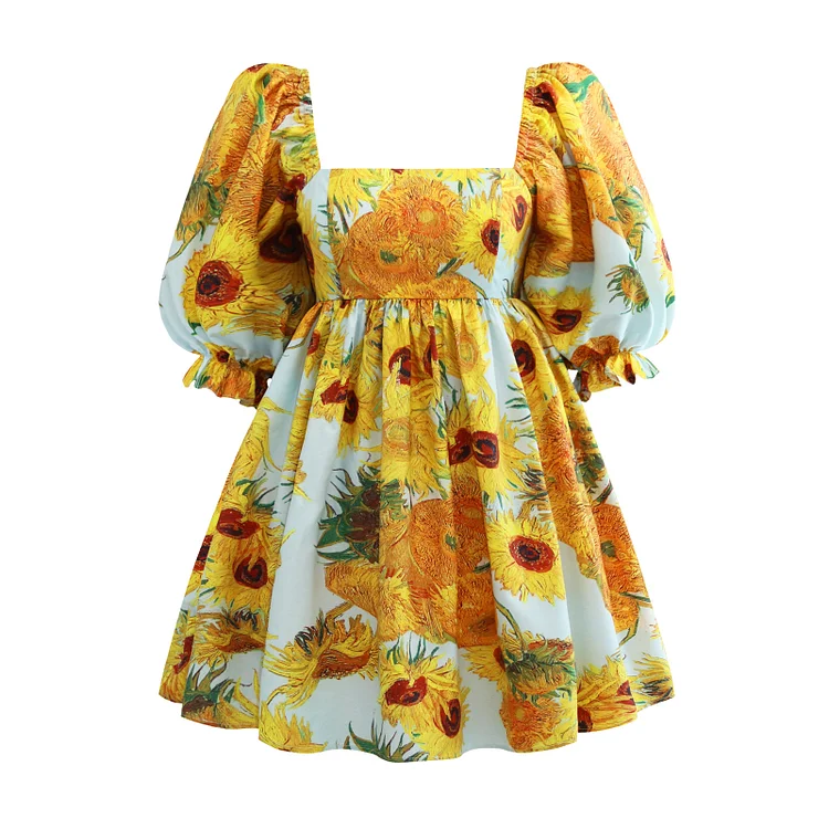 Women's floral French square neck bubble sleeve short skirt sweet loose retro Pleated Dress
