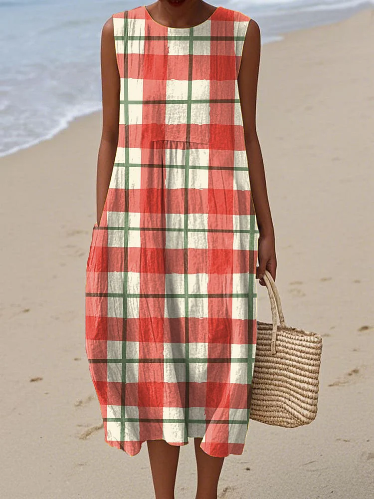 Women's Artistic Creative Lattice Print Sleeveless Cotton Pocket Wrap Dress