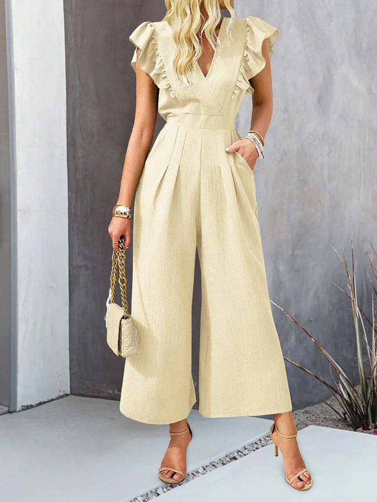 Women's 2024 Casual Jumpsuit Overall Ruff Sleeve V-Neck Wide Leg Jumpsuit One Piece