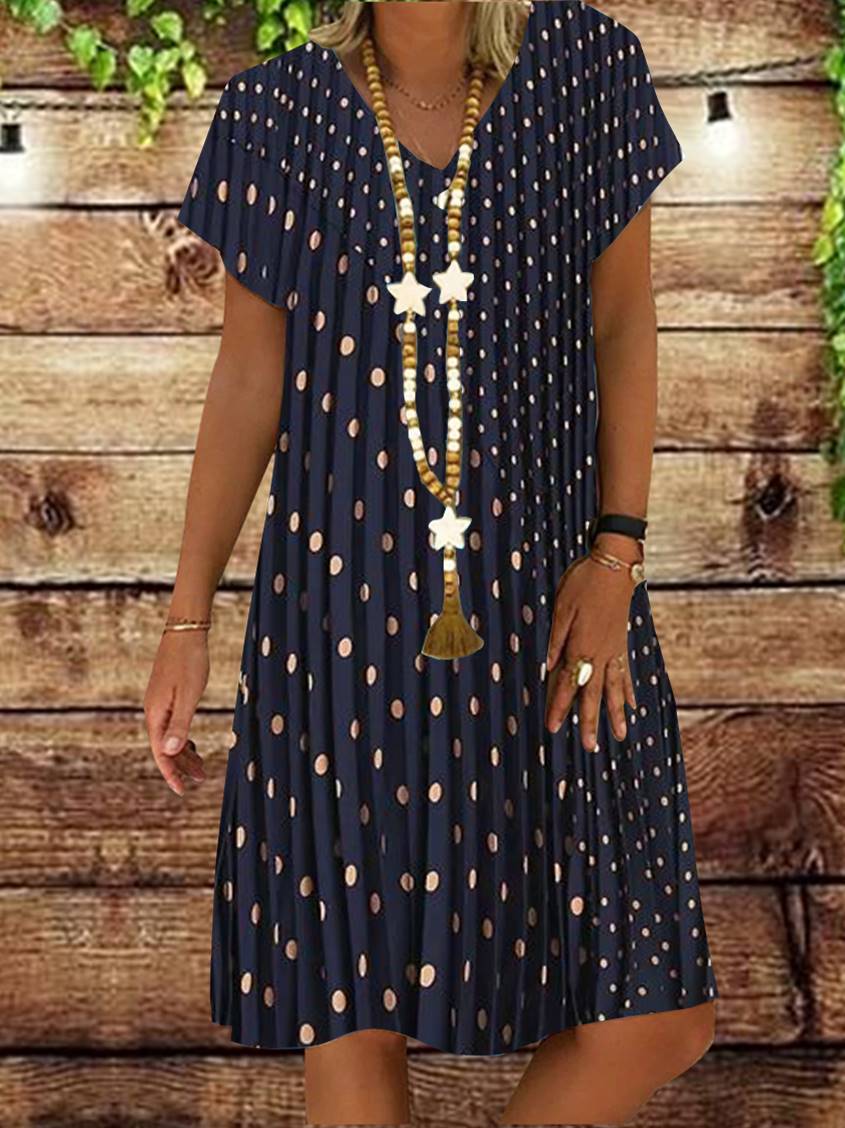 Women Casual Short Sleeve V-Neck Polka Dot Printed Midi Dress