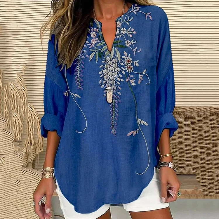 Women's Japanese Art Flower Print V-neck Shirt