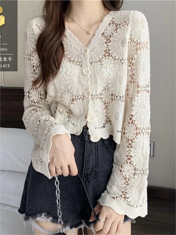 Tops Crochet Flower-Embellished And Loose With V-Neck