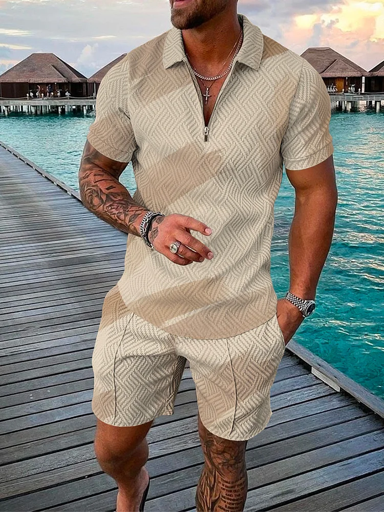 Men's Seaside Leisure Beige Print Polo Suit
