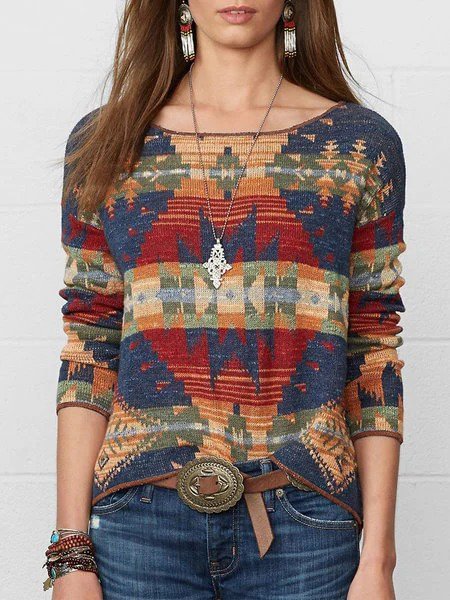 Plus Size Geometric Long Sleeve Boho Tops